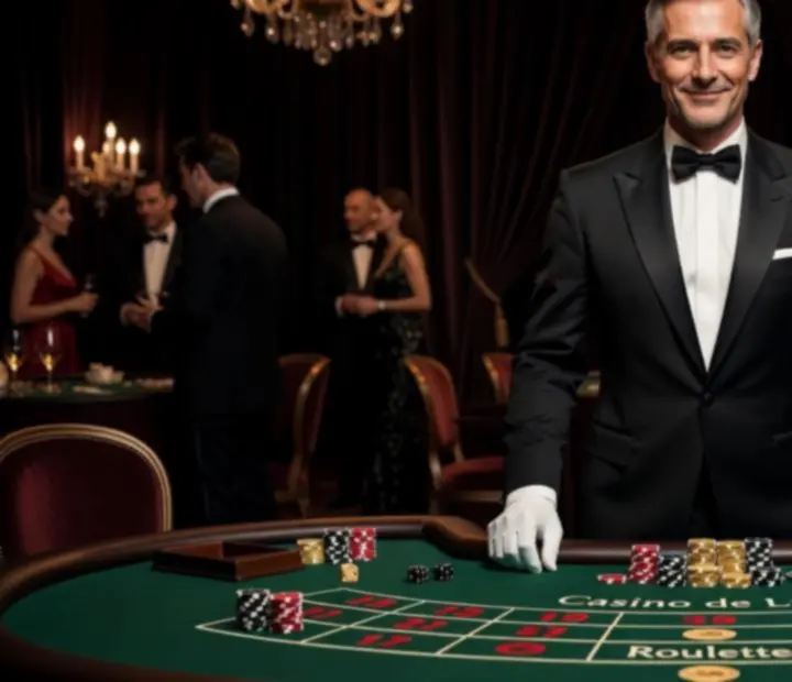 Croupier professionnel accueillant des invités autour d’une table d’animation
