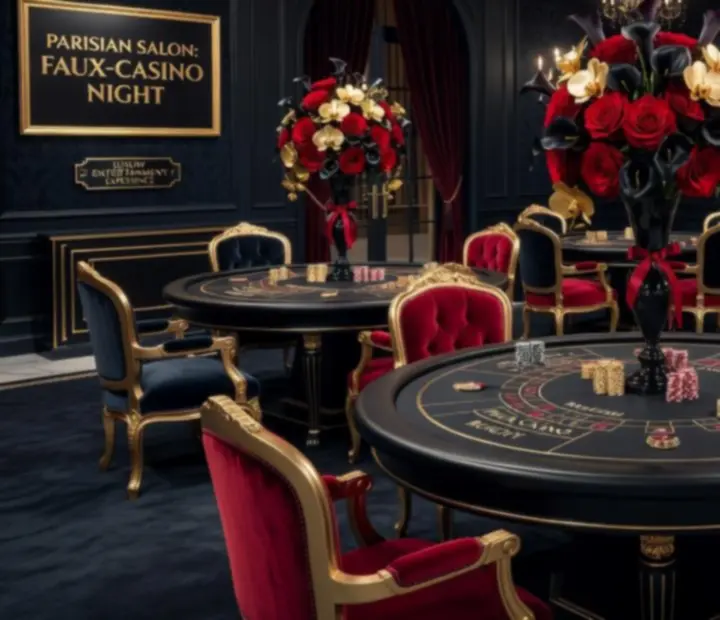 Décor sur mesure inspiré d’un thème casino chic avec accessoires et lumière bordeaux