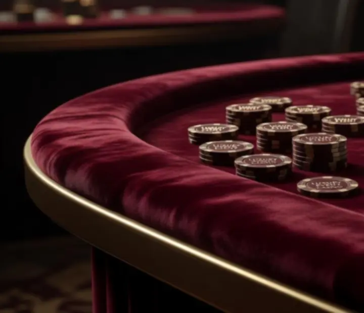 Détail d’une table d’animation avec jetons personnalisés et accessoires dorés