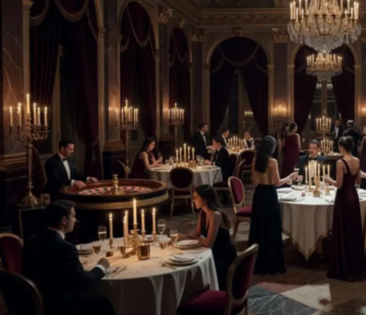 Vue d’un gala d’entreprise élégant avec tables de jeu factices et invités en tenue de soirée