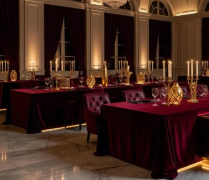 Décor de gala haut de gamme avec éclairage doré et tables élégantes