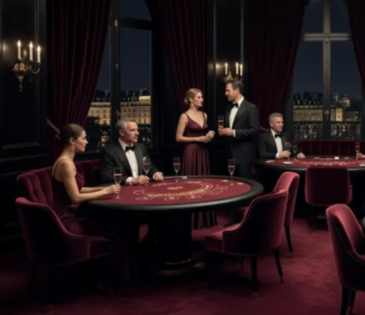 Lounge de gala sombre avec tables animées et lumière tamisée