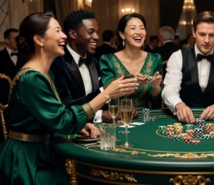 Invités rassemblés autour d’une table d’animation en pleine soirée