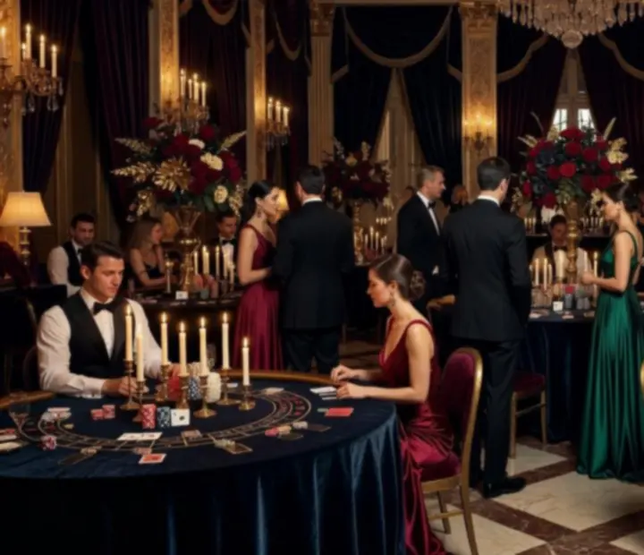 Gala de prestige aux tonalités bordeaux et or, avec tables de jeu festif et invités en tenue de soirée.