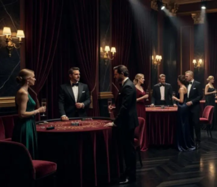 Salon événementiel sombre et élégant préparé pour un gala d'entreprise