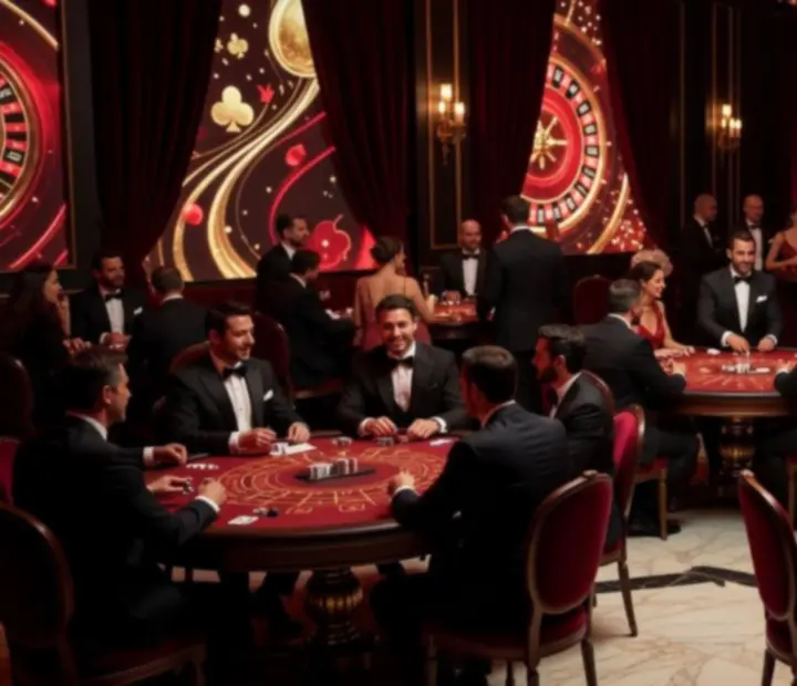Ambiance de soirée casino événementielle avec table de jeu et invités élégants