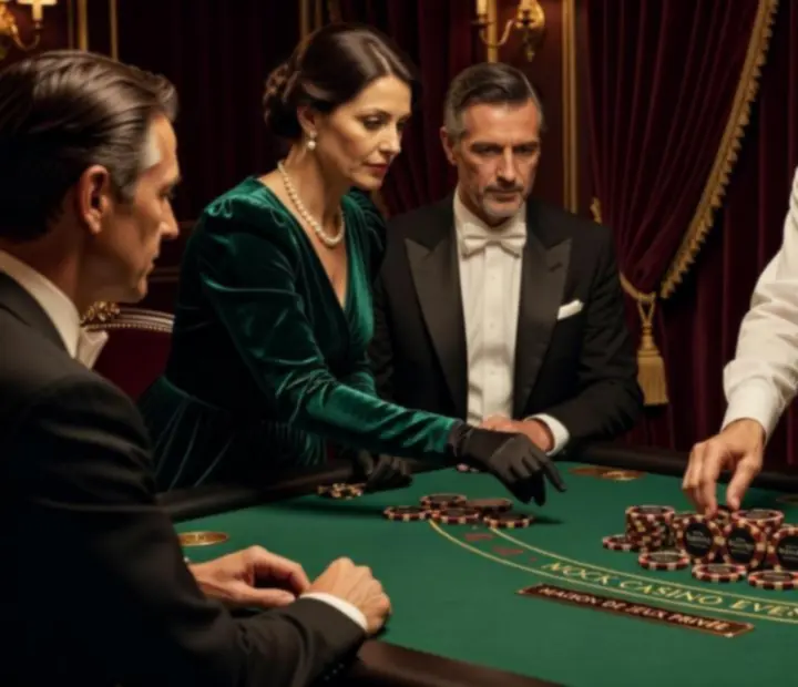 Ambiance casino raffinée avec tables de jeu factices et lumières tamisées dans un salon parisien