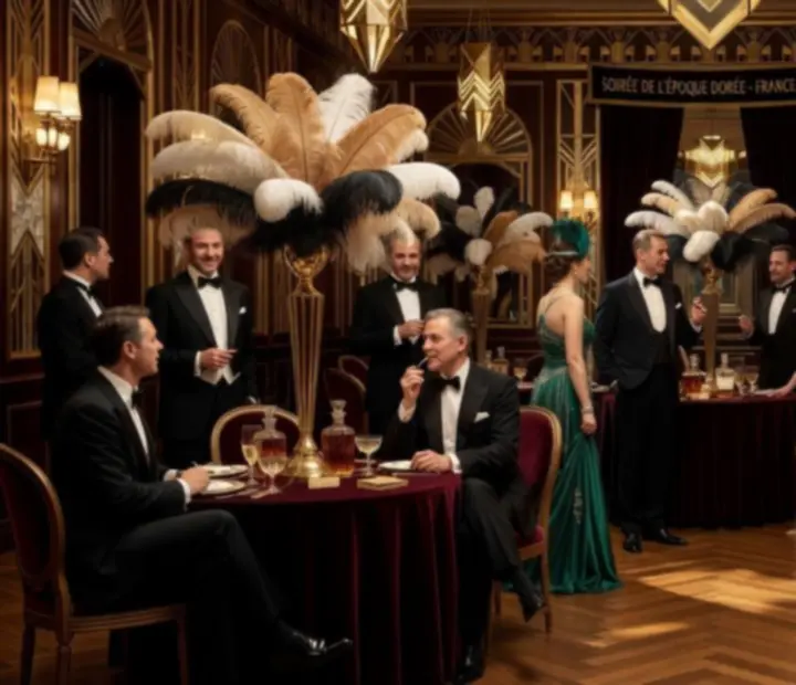 Décor de soirée inspiré des années Gatsby avec lumière dorée et ambiance festive