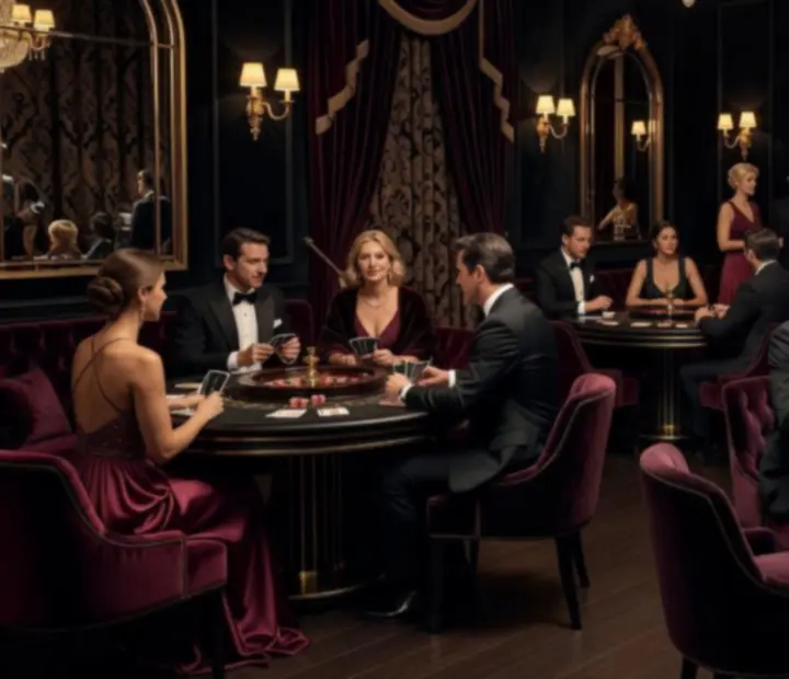 Lounge d’exception avec tables de jeu et éclairage bordeaux doré